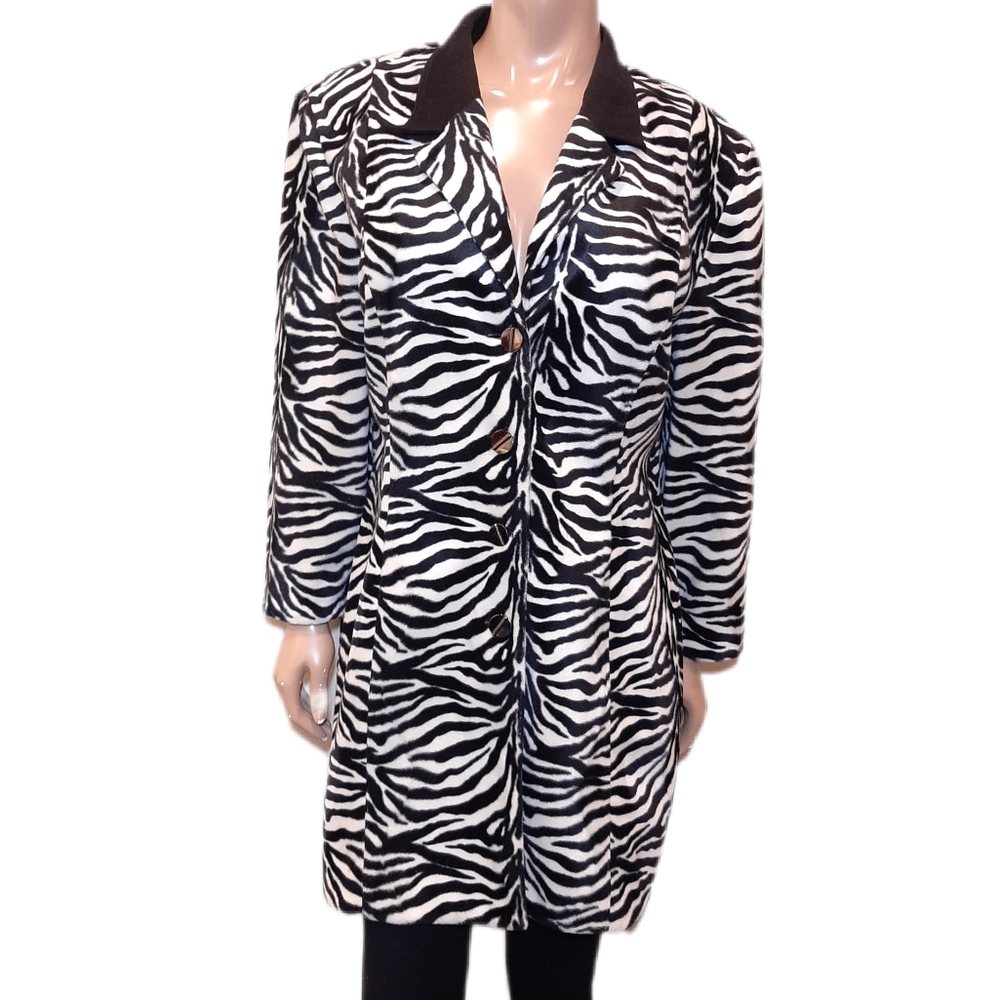 💠Vintage LORI WEIDNER Zebra Print Jacket Faux Fur Buttoned Collared Mid Length